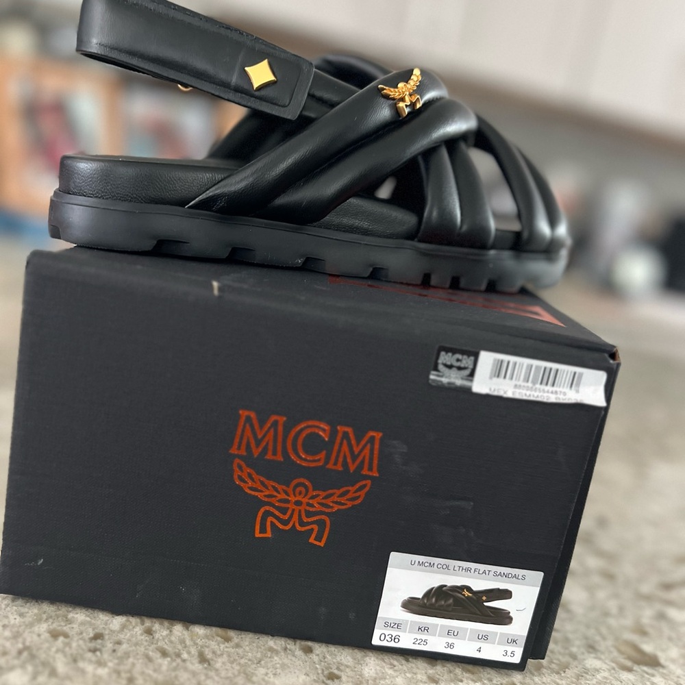 MCM Black Leather Sandals with Gold Accent